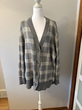 LOFT Gray and Cream Plaid Button-Up Cardigan